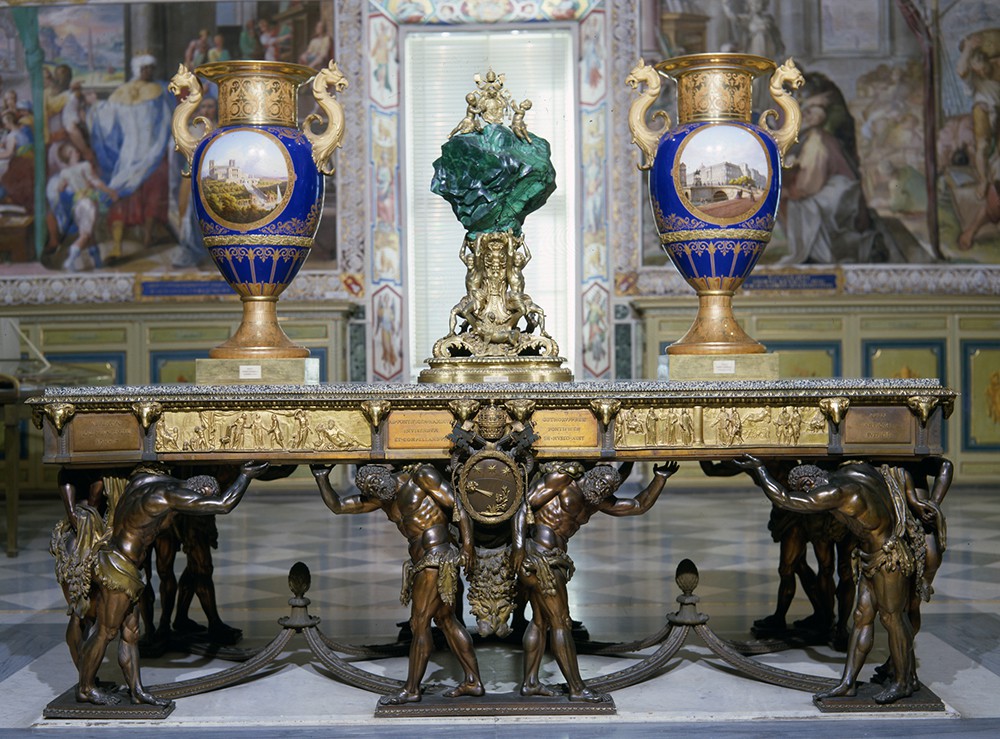 A Pair of Monumental Tables with Bronze Figures of Hercules and Pope Pius VI